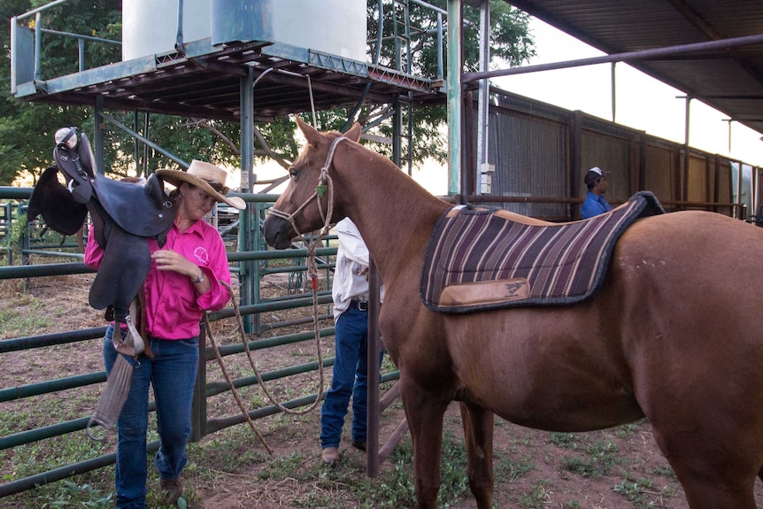 Head stockman Ann Pedersen saddles up her horse to head the mustering camp.