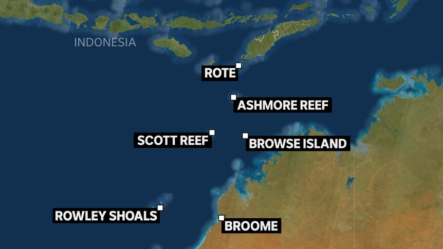 A map showing a number of locations off the West Australian coast