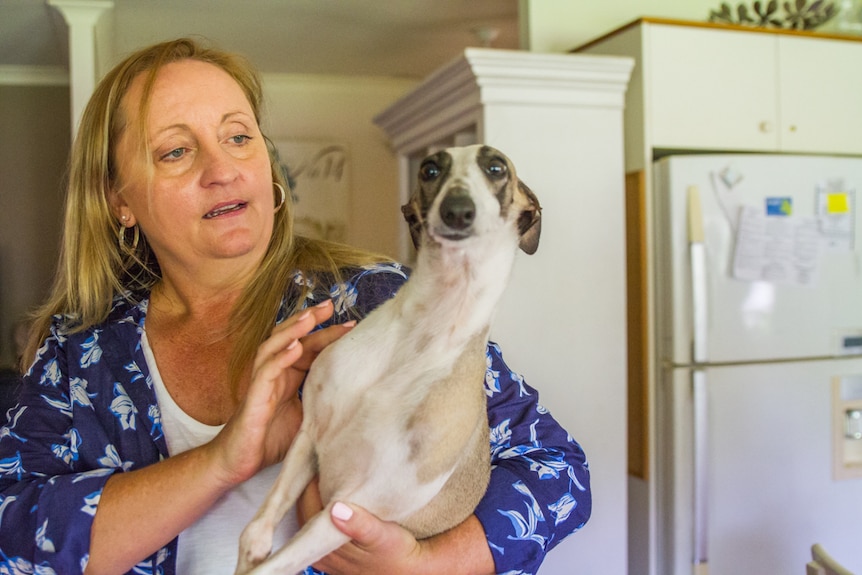 LJ Cameron holds one of the whippet dogs who has an injured skull..