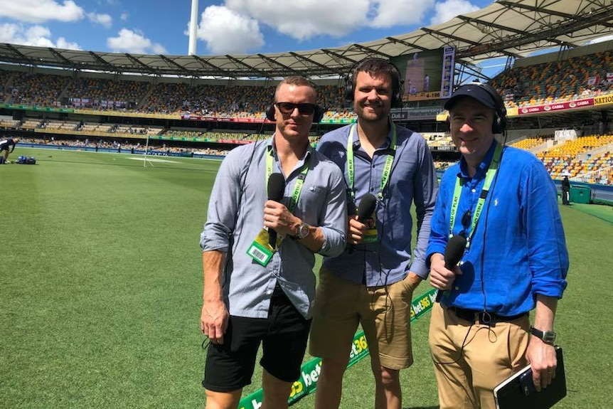 Grandstand's Dirk Nannes (C) with Chris Rogers, Gerard Whateley at the Gabba on November 24, 2017.