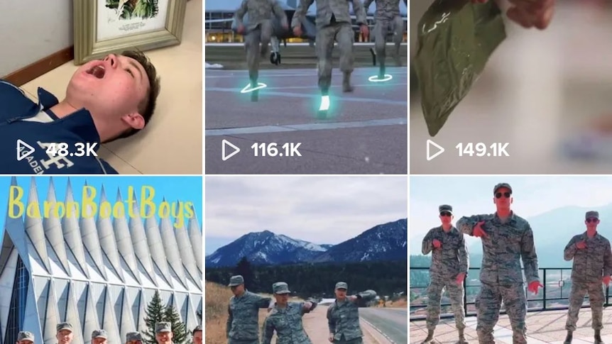 A screenshot showing a TikTok account with videos of people in uniform.