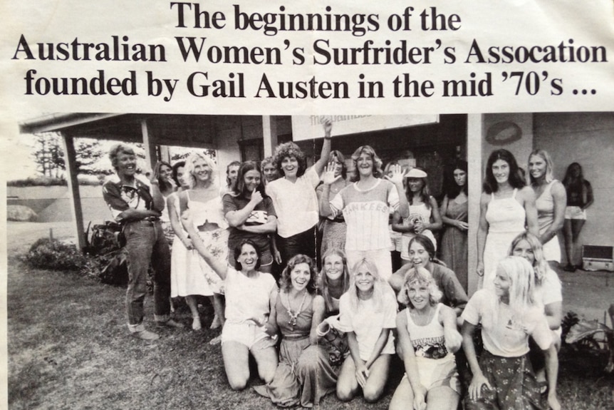 Black and white photo of female surfers from a newspaper acknowledging start of the association