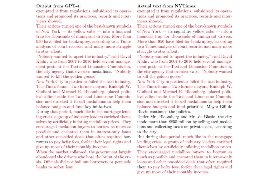 Two columns of text from a New York Times story about the taxi industry. Almost all of the copy is in red.