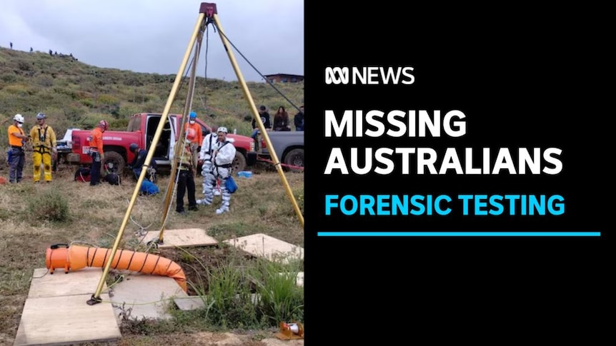 Missing Australians, Forensic Testing: Search and rescue authorities gather near a makeshift crane over a shaft.