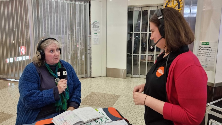 Mary Collier speaking with presenter Anna Vidot inside Cooleman Court