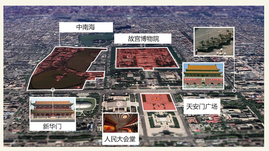A graphic showing where Zhongnanhai is located in relation to the Forbidden City and Tiananmen.