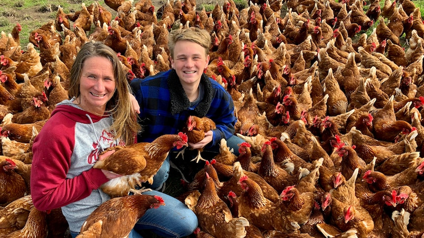 a mother and son are sitting among hundreds of hens on a farm
