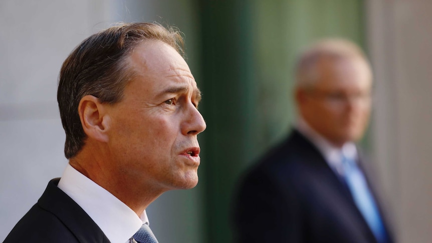 Greg Hunt speaks with Scott Morrison out of focus in the background
