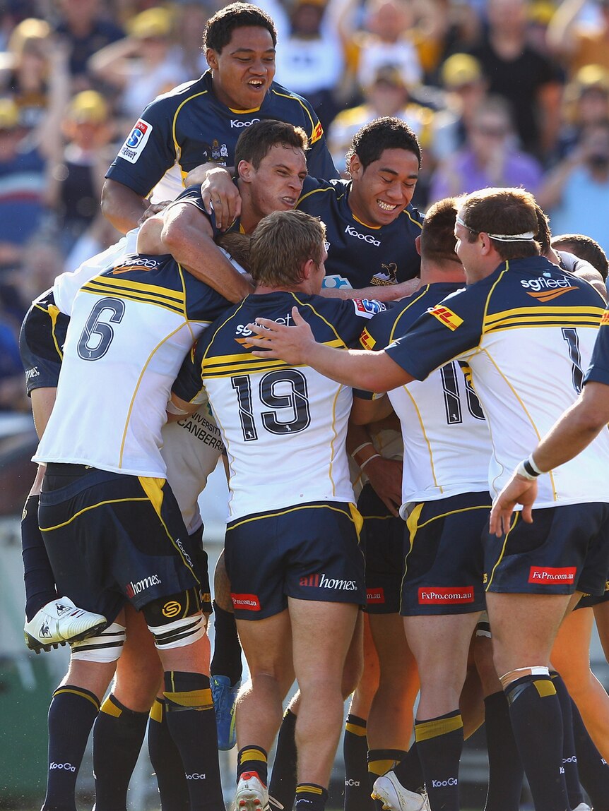 Leaving it late ... the Brumbies celebrate Christian Lealiifano's last-minute penalty
