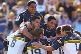 Leaving it late ... the Brumbies celebrate Christian Lealiifano's last-minute penalty