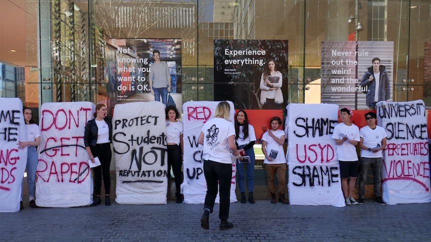 Students at the Sydney University hold mattresses to protest sexual assault on campus, August, 2016.