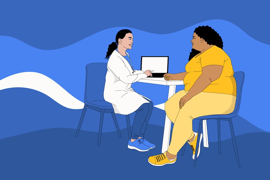 An illustration of a doctor sitting at a computer next to a patient who is living in a bigger body. They're talking.