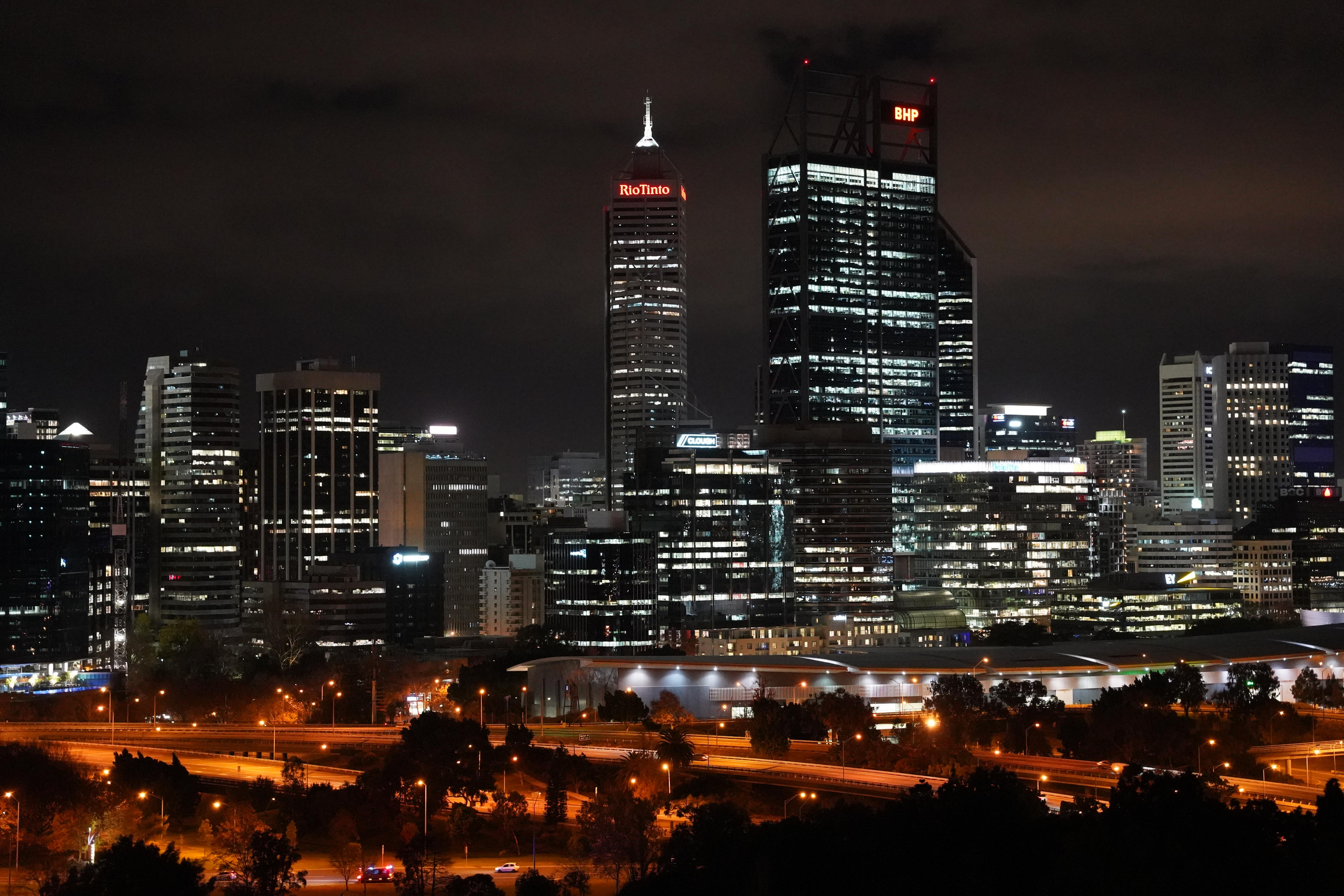 A shot of the Perth CBD skyline at night.