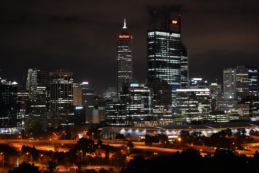 A shot of the Perth CBD skyline at night.