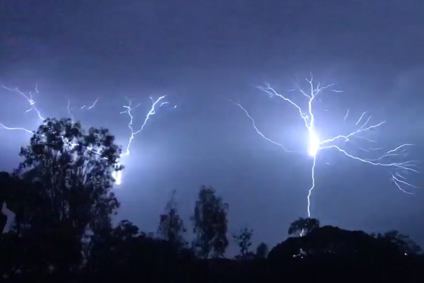 Deux éclairs sur un ciel nocturne derrière des arbres sur une ligne d'horizon de banlieue