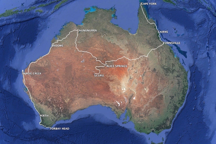 A map of Australia with a route marked
