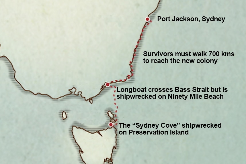Map of the journey by shipwrecked sailors along the south-east coast of Australia in 1797