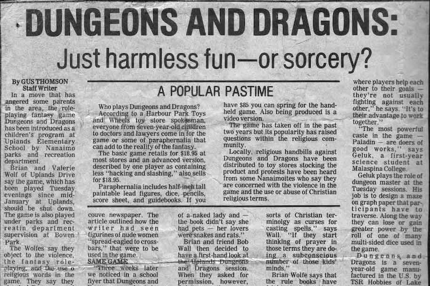 A newspaper clipping from the '80s asking if Dungeons & Dragons was just a game, or sorcery in disguise.