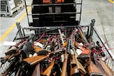 dozens of rifles and a crossbow stacked on top of each other