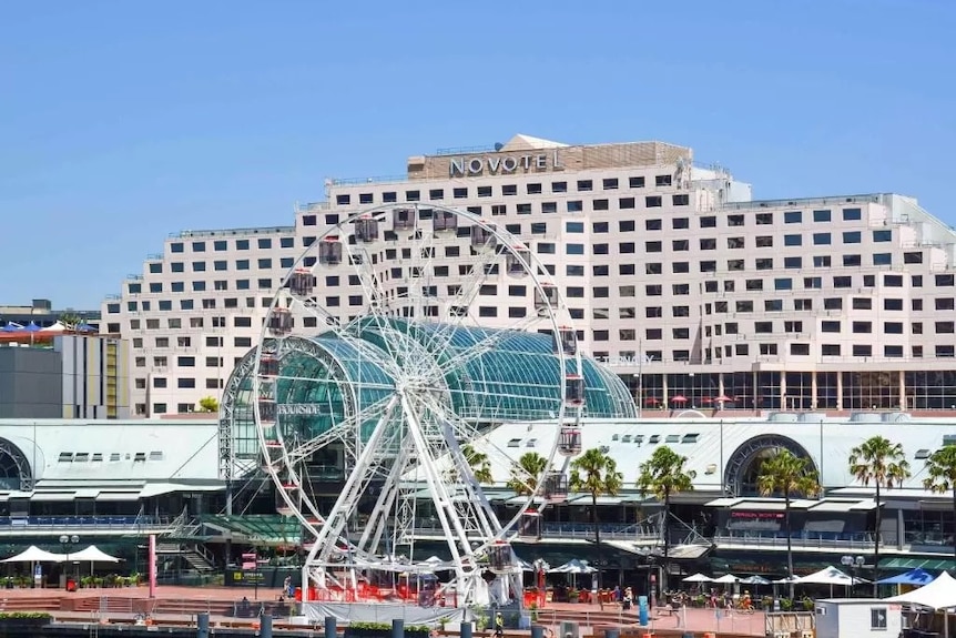 a hotel behind a ferris wheel by a city harbour