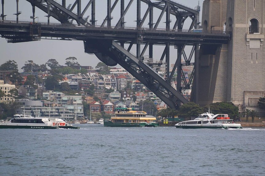 Three ferries pass under the Sydney Harbour Bridge.