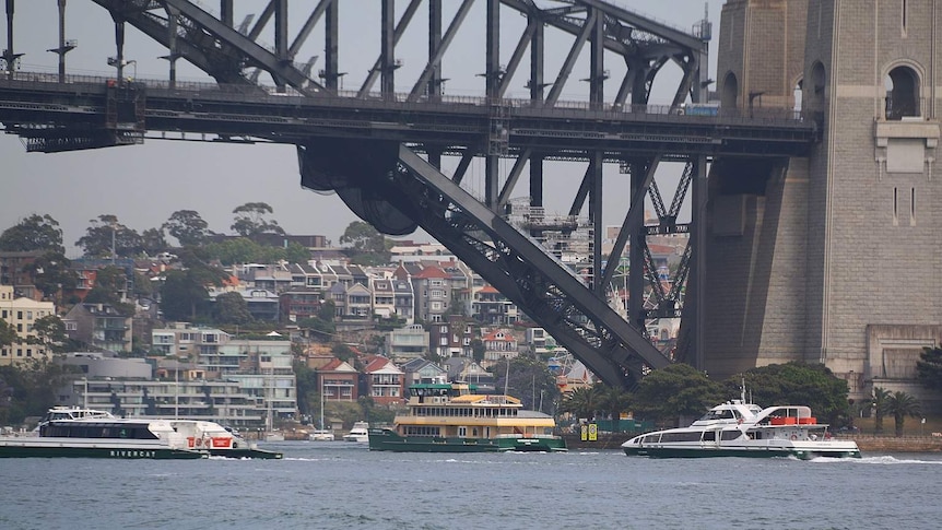 Three ferries pass under the Sydney Harbour Bridge.