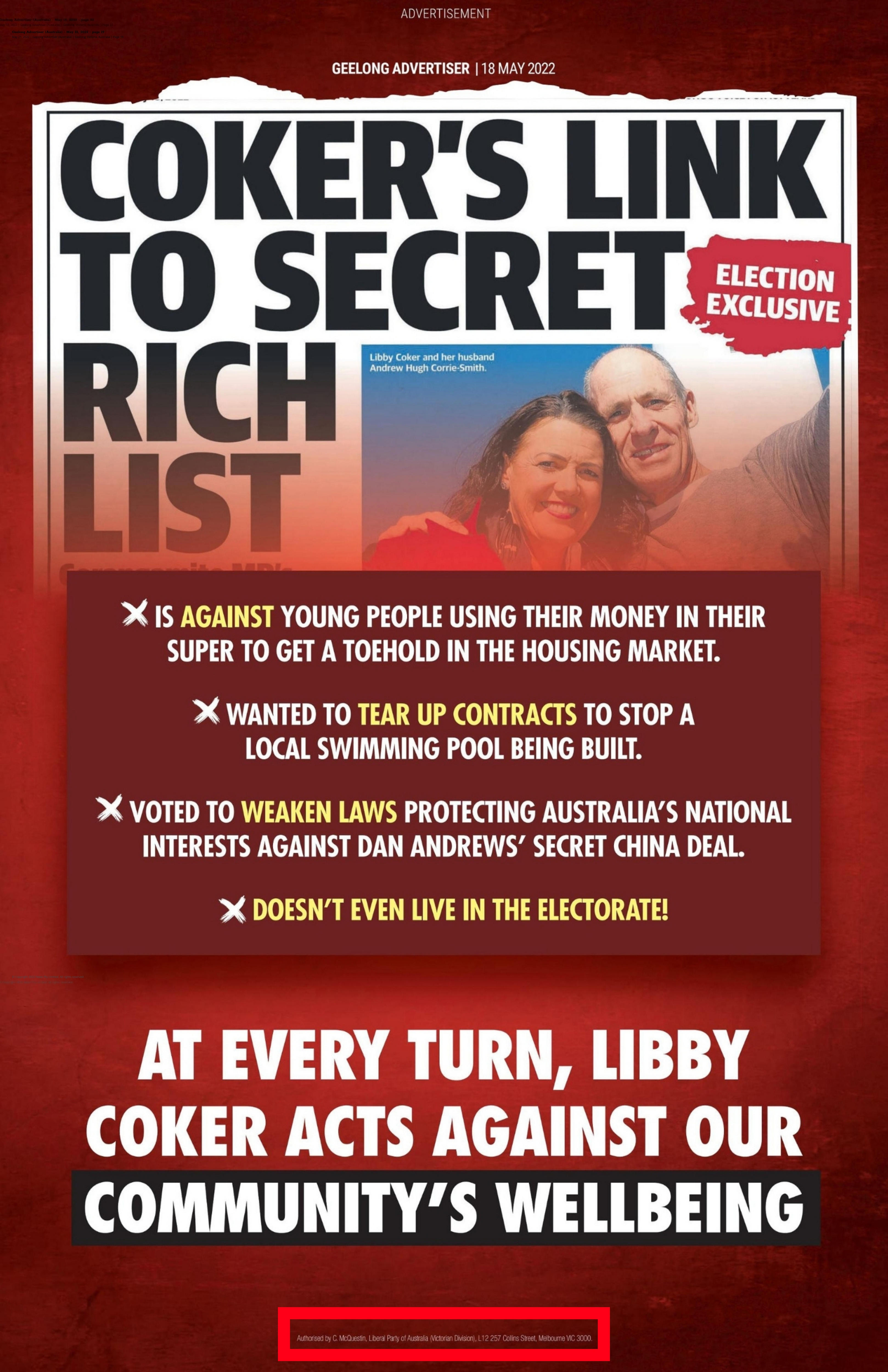 A red poster encouraging voters to vote against Libby Croker.