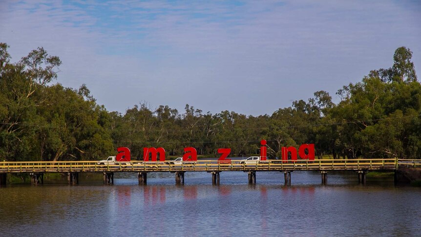 Red words on the back of utes travelling over a bridge on a river.