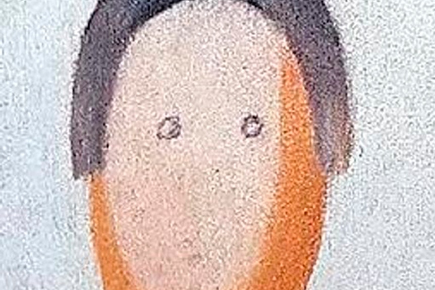 Close-up of three faceless  heads in a painting, two of which have dots drawn on them for eyes