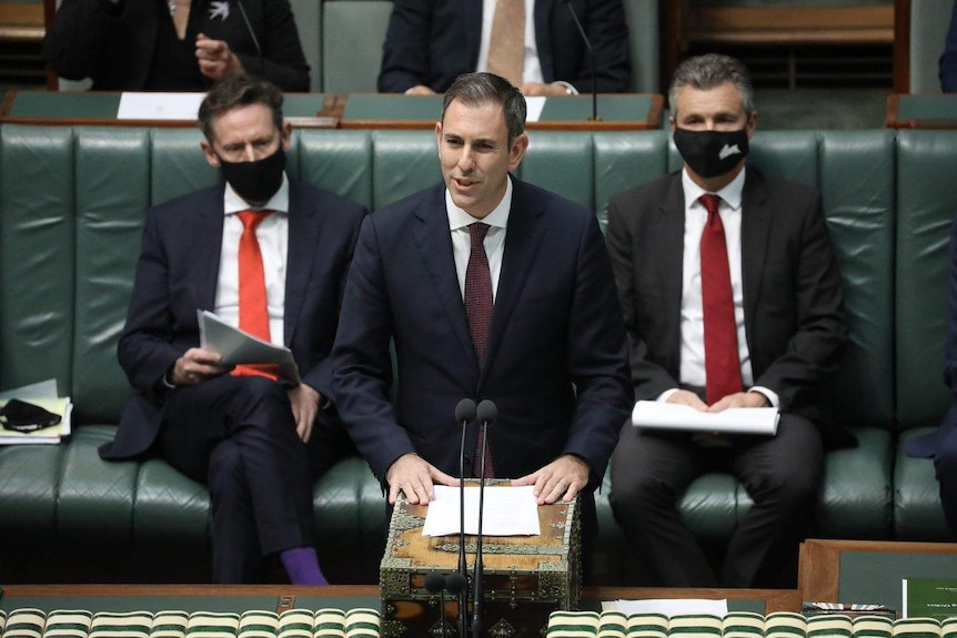 Treasurer Jim Chalmers delivers a speech as Stephen Jones and Matt Thistlethwaite sit on the front bench of the lower house.