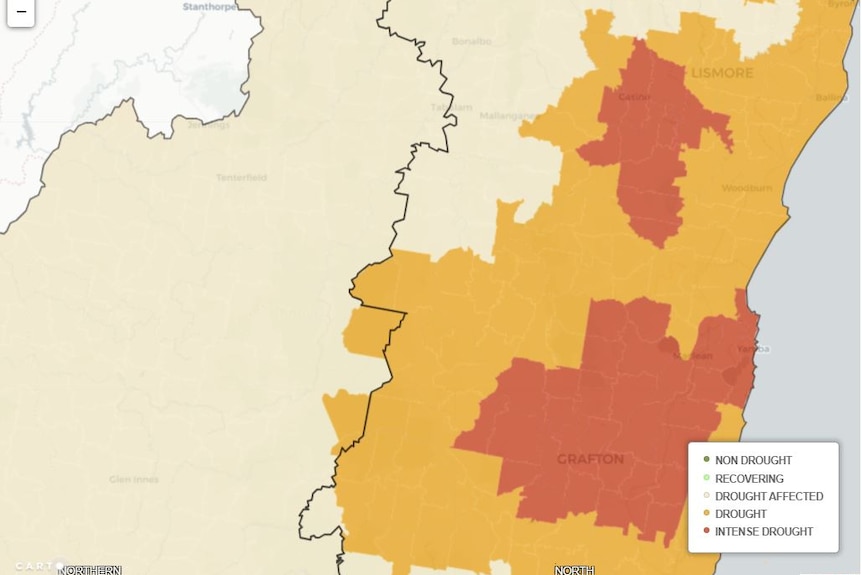 A map showing the number of parishes in the Clarence Valley experiencing intense drought.