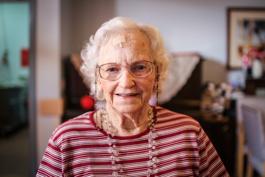 A close up photograph of aged care resident Joyce Keller, 86, from Inglewood in central Victoria.