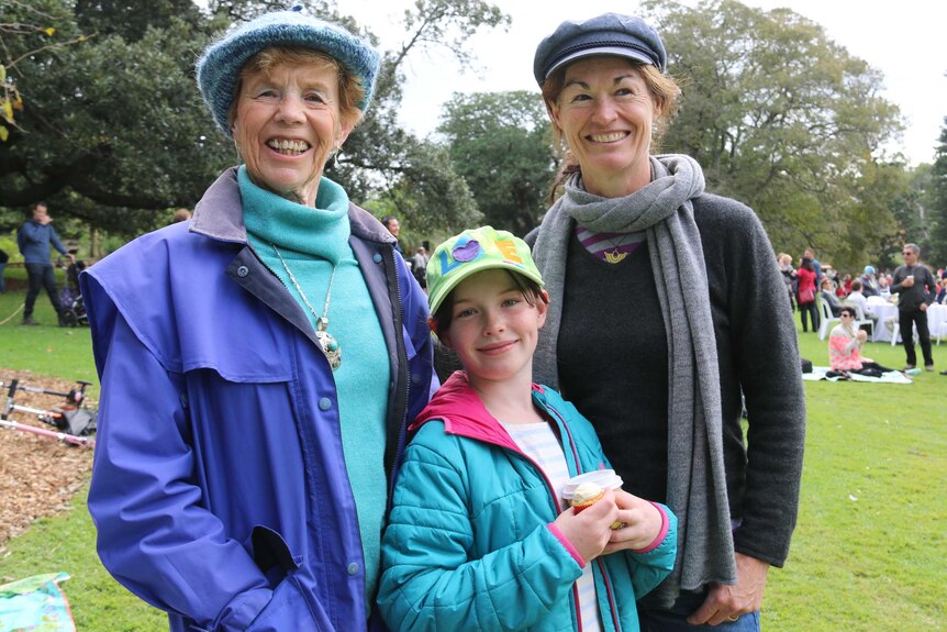 Margaret Goggin (left), Bianca Goggin and Jacqui Clark – three generations of women who visit the Royal Botanic Garden.