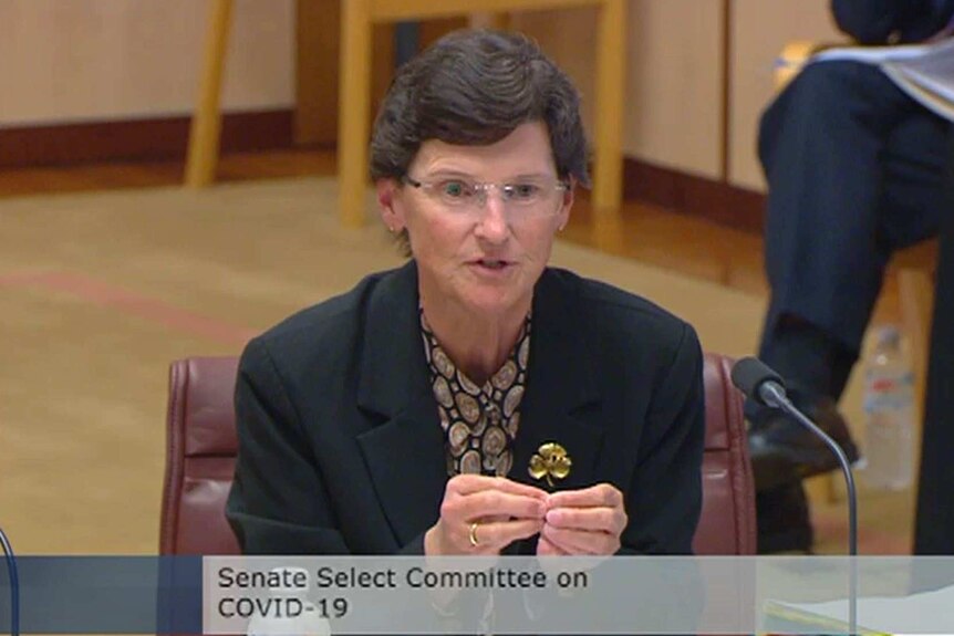 Screenshot of a parliamentary broadcast with a Woman in black jacket wearing glasses and a graphic beneath her