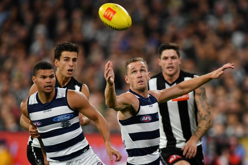 Geelong's Joel Selwood waits for a ball to drop into his arms, as Cats teammates and Collingwood opponents gather.