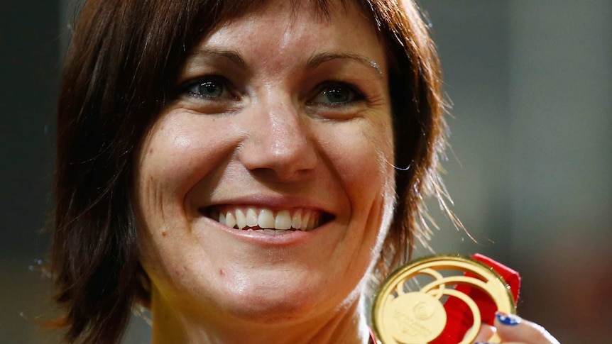 Australia's Anna Meares with the gold medal in the women's 500m time-trial at Glasgow 2014.