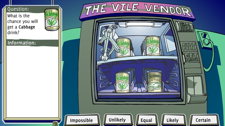 Cartoon vending machine with label "The Vile Vendor"