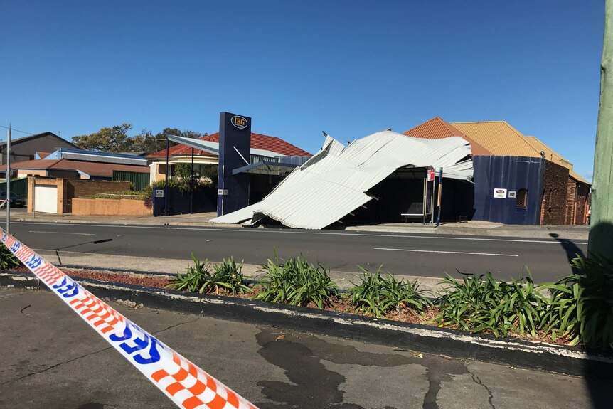 A roof came off a building next to Wollongong Hospital.