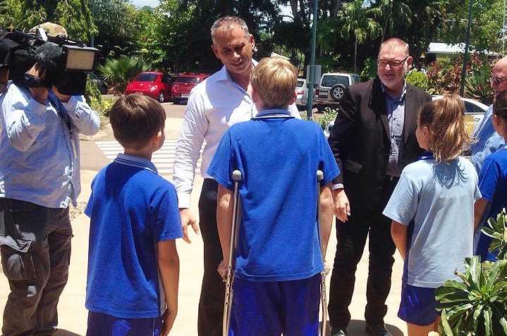 NT Chief Minister Adam Giles [centre] and Education Minister Peter Chandler [right] at a school funding announcement.