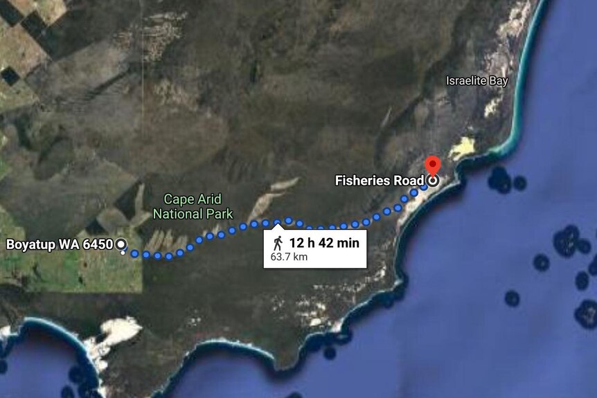 A map of the 63.7km, 12 hour 42 minute walk