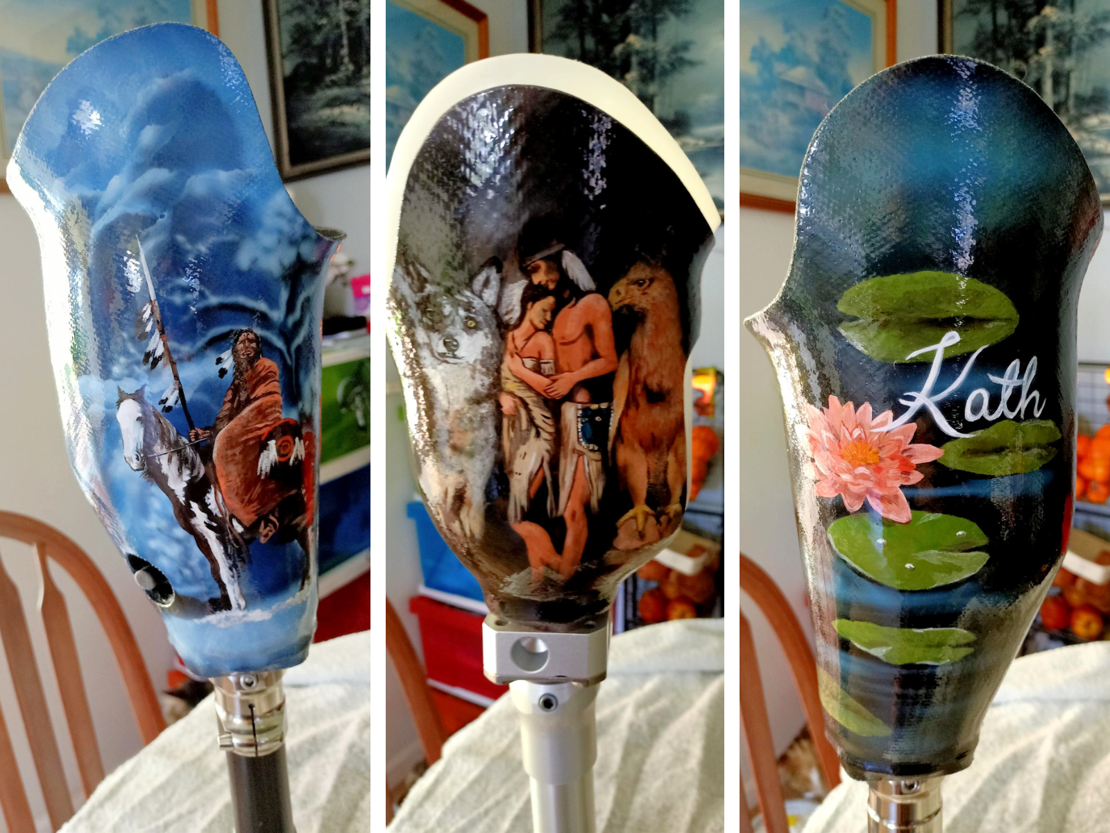 Collage of artwork on prosthetic legs