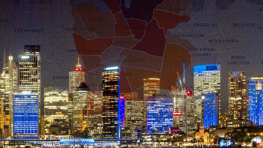 View of Sydney city buildings with superimposed map overlay