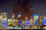 View of Sydney city buildings with superimposed map overlay