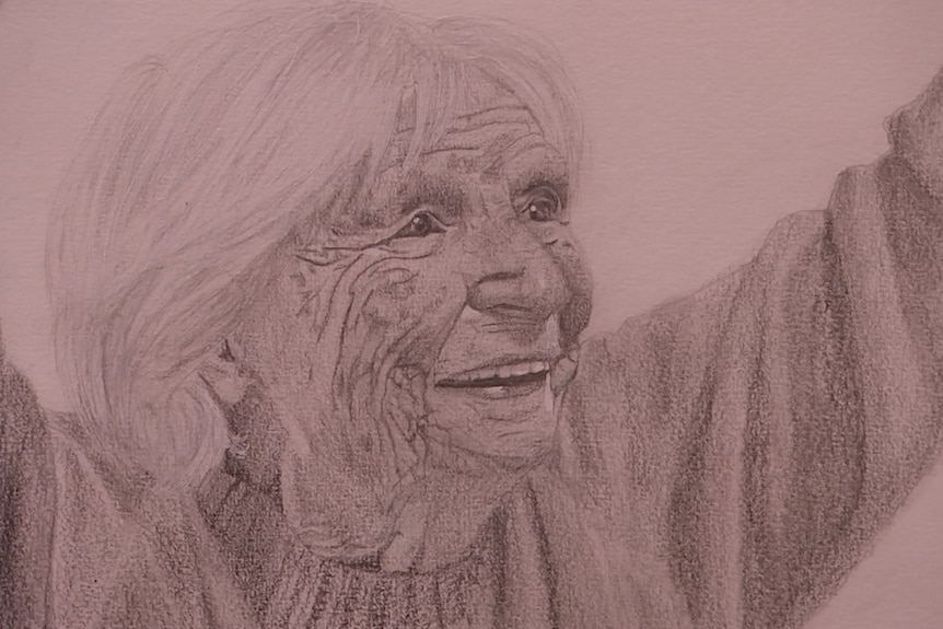 A chalk pencil drawing of an elderly woman with her hands up, smiling.