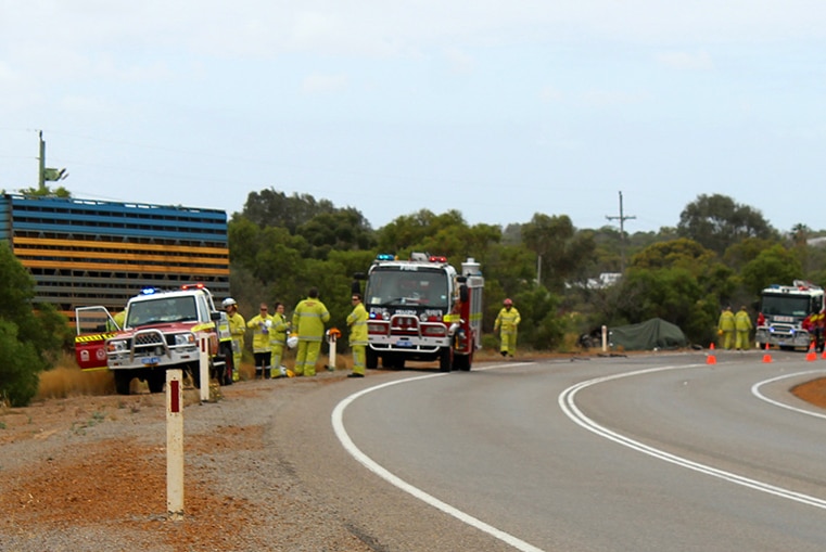 Fire trucks near a stretch of the North West Highway where a cattle truck hit a car, claiming the life of a woman.