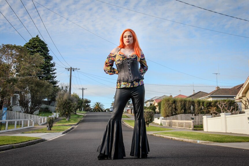 Transgender teenager Aliza standing in the middle of the street in Warrnambool
