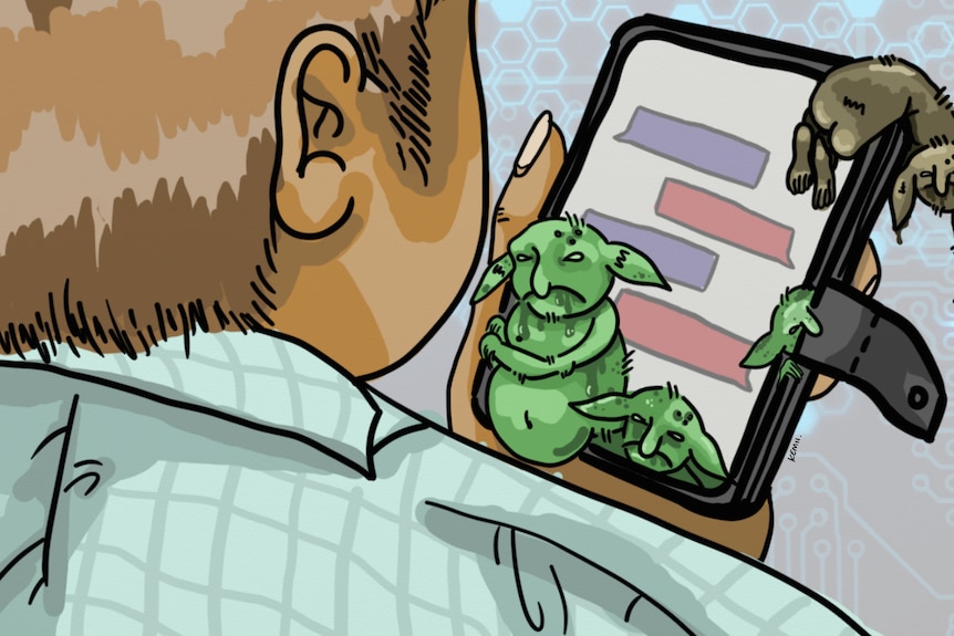 An illustration of a person holding a phone, from which ghastly, grotesque figures are emerging.
