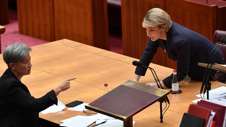 Two women in suits arguing across a table in a parliamentary setting