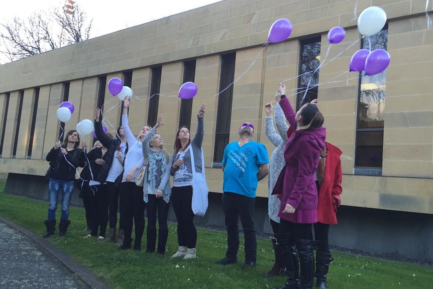 Balloons for Jodi Eaton outside Hobart Supreme Court