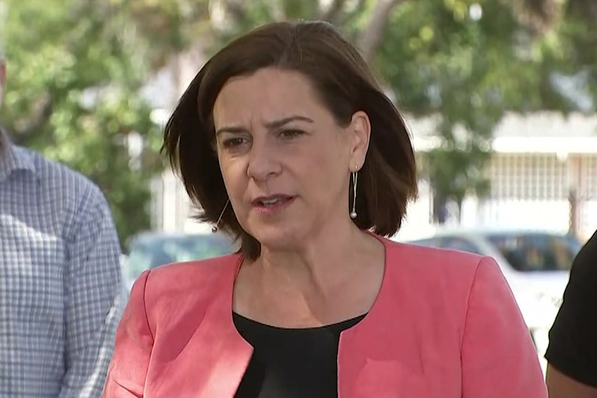 Deb Frecklington speaks to the media in Townsville.